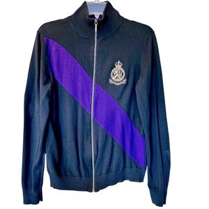 LAUREN Ralph Lauren Vintage Full Zip Sweater Front Logo Crest Large Black Purple